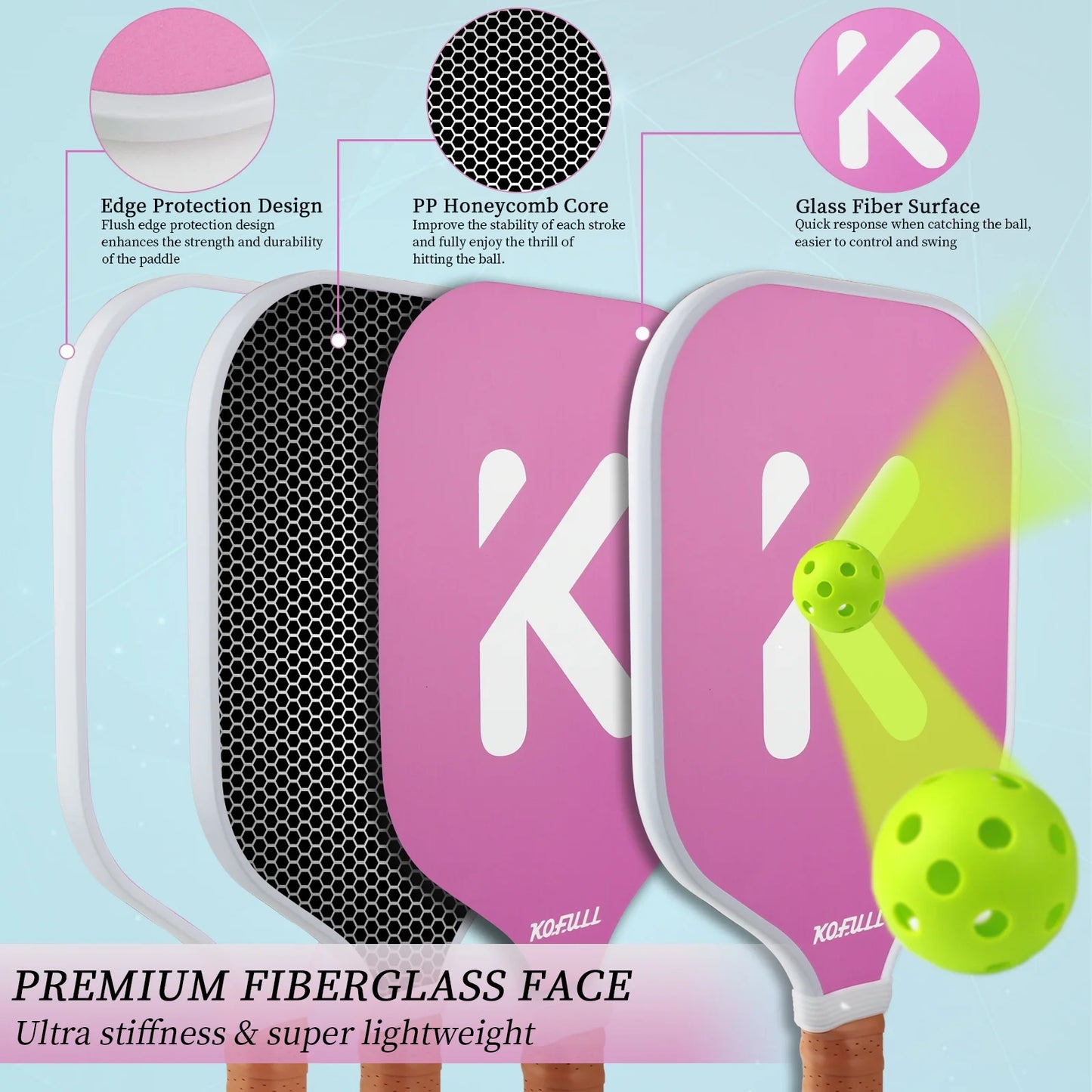Lightweight Pickleball Paddle Set – Fiberglass & Honeycomb Core, Pink & Green, Perfect Gift for Women & Beginners